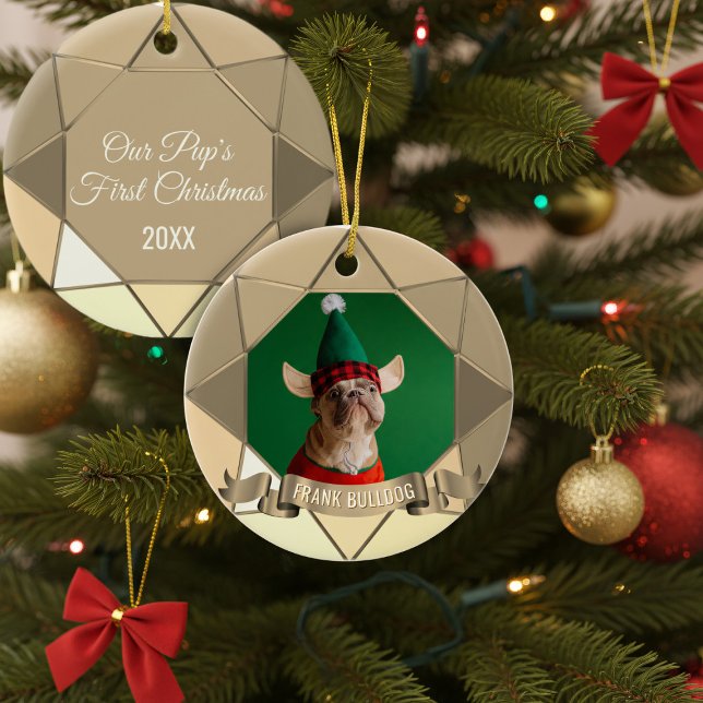 Hund Erste Weihnachtsfeier Keramik Ornament (Add your best friend's photo and name to this gold colored First Christmas Ornament)