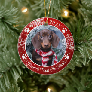 Hund Erste Weihnachtsschneeflocke Foto Red White Keramik Ornament