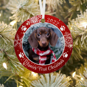 Hund Erste Weihnachtsschneeflocke Foto Red White Ornament Aus Metall