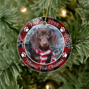 Hund Erste Weihnachtsschneeflocke Foto Rot Kariert Keramik Ornament