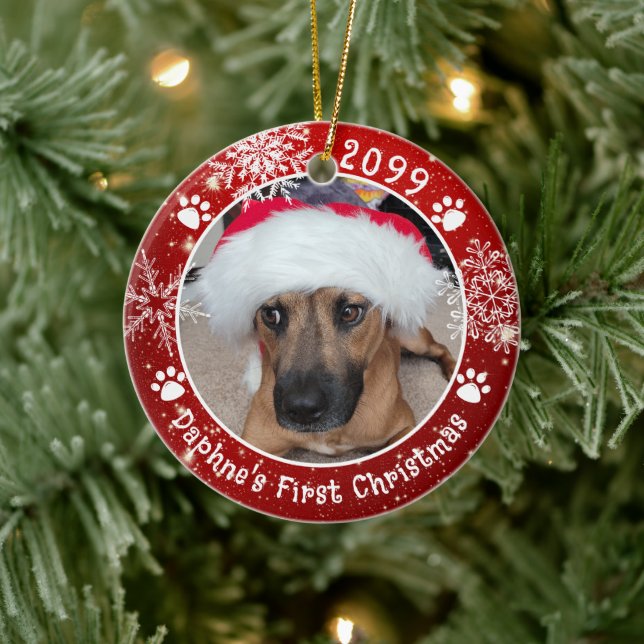 Hund Erste Weihnachtsschneeflocken 2 Foto Rot Keramik Ornament (Baum)