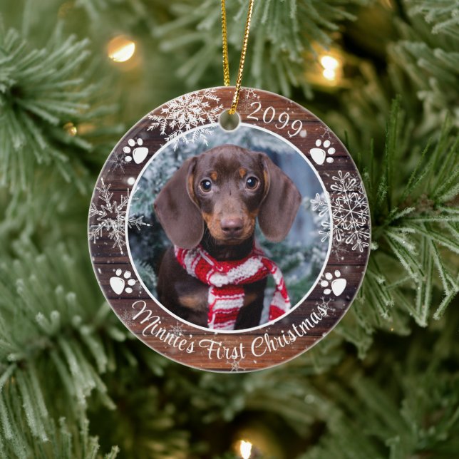 Hund Erste Weihnachtszeit Rustikales Holz Schneefl Keramik Ornament (Baum)
