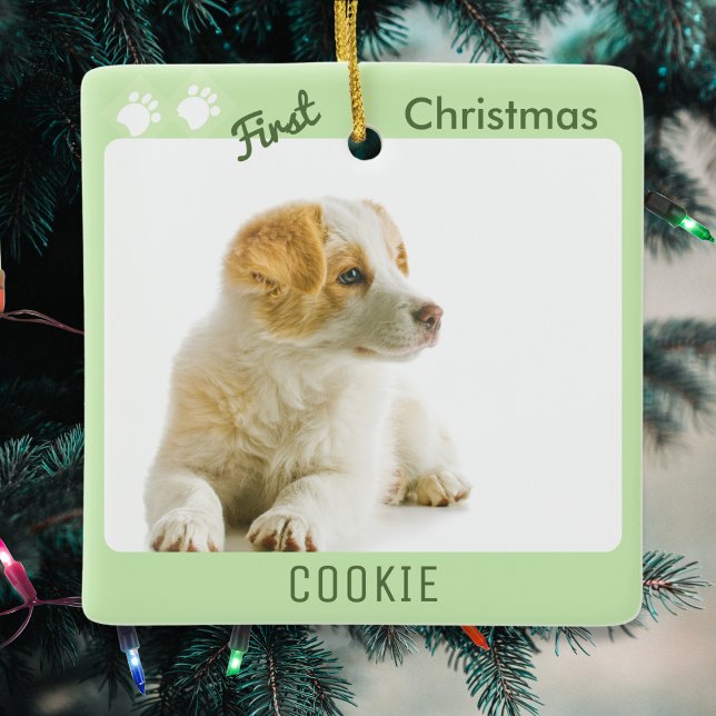 Hund Erster Weihnachtsmann Welpe Foto Pawprints Keramikornament (A custom ornament to celebrate puppy's first Christmas, with photo, puppy's name and message on back)