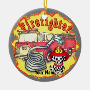 Hund Feuerwehrauto Feuerwehrmänner Keramik Ornament