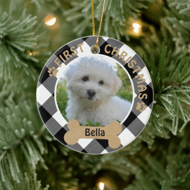 Hund FIRST CHRISTMAS 2-seitig 2-Foto Buffalo Karo Keramik Ornament (Baum)