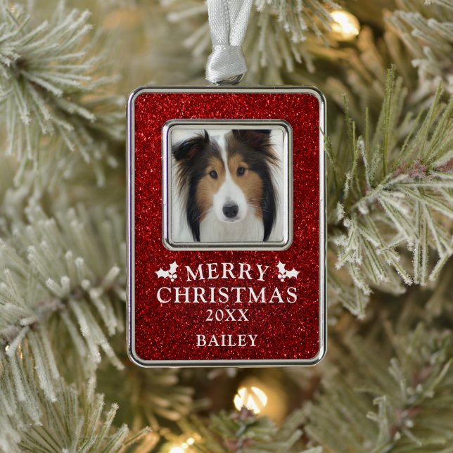 Hund Foto Frohe Weihnachten Roter Glitzer Name Rahmen-Ornament Silber (Baum)