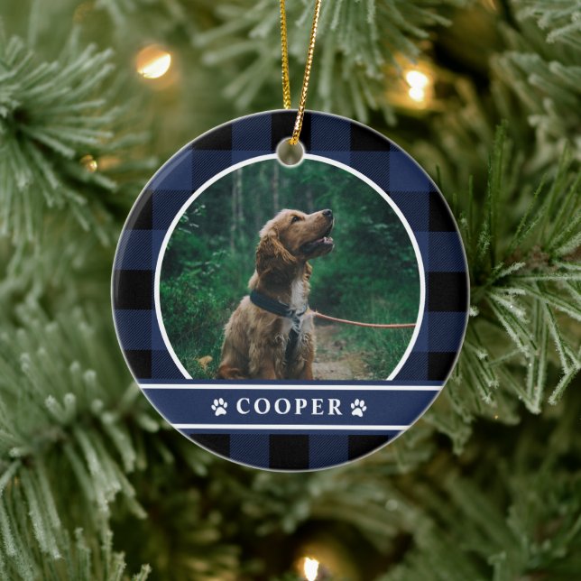 Hund Foto Navy Blue Kariert Tartan Keramik Ornament (Baum)