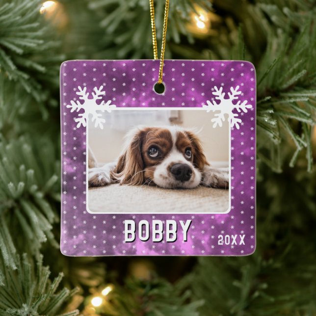 Hund Foto Schneeflocken Lila Hausname Weihnachten Keramikornament (Baum)