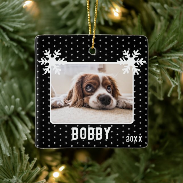 Hund Foto Schneeflocken Schwarzer Hausname Keramikornament (Baum)