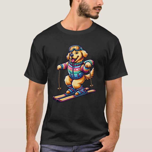 Hund Golden Retriever Skiurlaub Skifahren T-Shirt (Vorderseite)