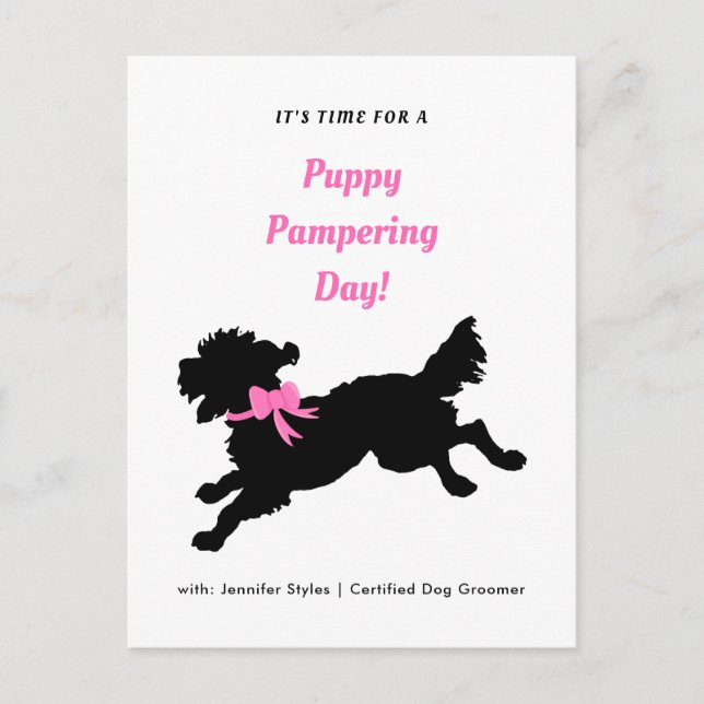 Hund Grooming Ernennung Pink Bow Black Puppy Postkarte (Vorderseite)
