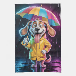 Hund im gelben Regenmantel mit Regenbogen-Schirm Geschirrtuch