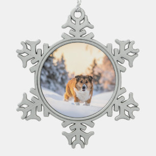 Hund im Schnee Winter Szene Schneeflocken Zinn-Ornament