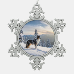 Hund im Schnee Winter Szene Schneeflocken Zinn-Ornament