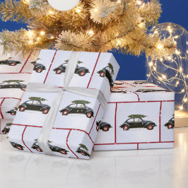 Hund in Altwagen mit Weihnachtsbaum Geschenkpapier