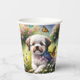 Hund in Blumenwiese mit Schmetterlingen Pappbecher
