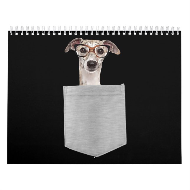 Hund in der Tasche Windhund mit Brille auf Kalender (Titelbild)