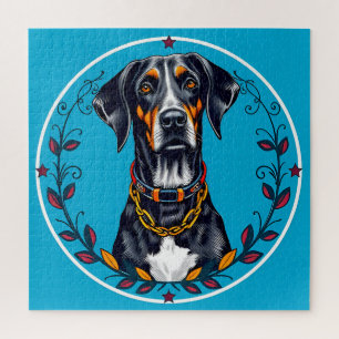 Hund in einem kreisförmigen floralen Design