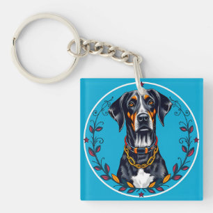 Hund in einem kreisförmigen floralen Design Schlüsselanhänger
