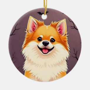 Hund in einer Halloween-Szene mit Kürbissen Keramik Ornament