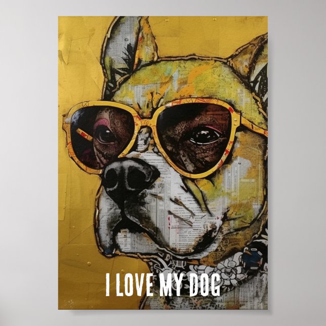 Hund in gelber Brille, Mixed Media Collage Poster (Vorne)