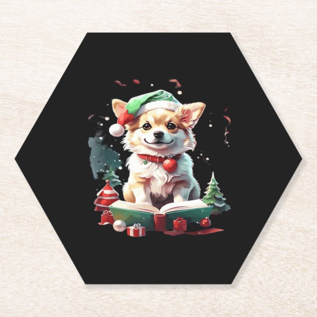Hund in Weihnachtshut mit Büchern - Ein perfekter  Untersetzer (Vorderseite)
