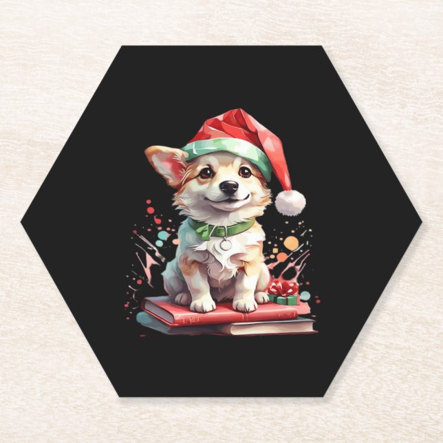 Hund in Weihnachtshut mit Büchern - Ein perfekter  Untersetzer (Vorderseite)