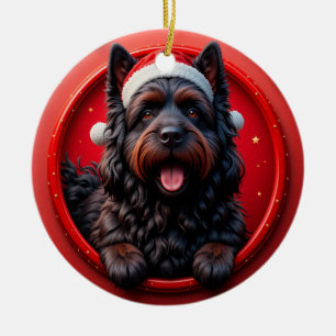 Hund in Weihnachtsmannmütze umgeben von Weihnachte Keramik Ornament