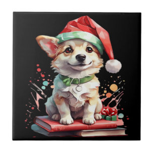 Hund in Weihnachtsmütze mit Büchern - Ein perfekte Fliese