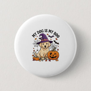 Hund ist Boo Halloween Hexe Welpe Kürbis_1 Button