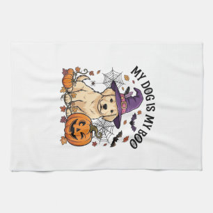 Hund ist Boo Halloween Hexe Welpe Kürbis_1 Geschirrtuch