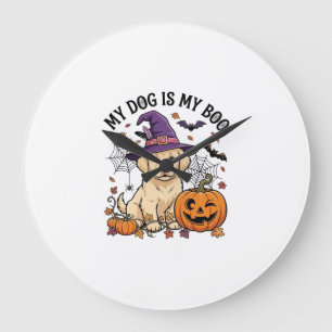 Hund ist Boo Halloween Hexe Welpe Kürbis_1 Große Wanduhr