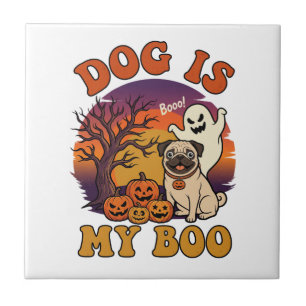 Hund ist Boo Halloween Mops Geist Kürbisse_1 Fliese