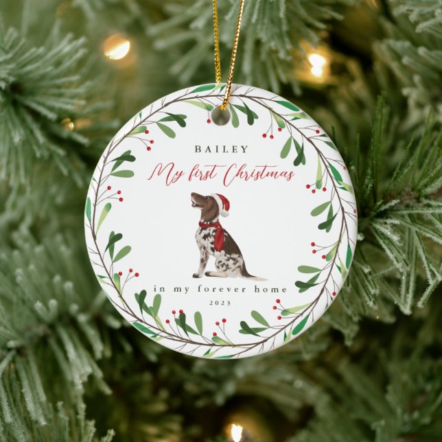 Hund ist mein erstes Weihnachten mit Name Pointer Keramik Ornament (Baum)