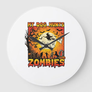 Hund jagt Zombies Halloween Geister Hexe Mond Große Wanduhr