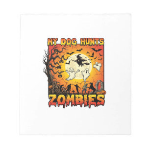 Hund jagt Zombies Halloween Geister Hexe Mond Notizblock