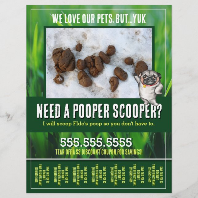 Hund Kackte Scooper. Aufräumen des Gartens. Maßges Flyer (Vorne)