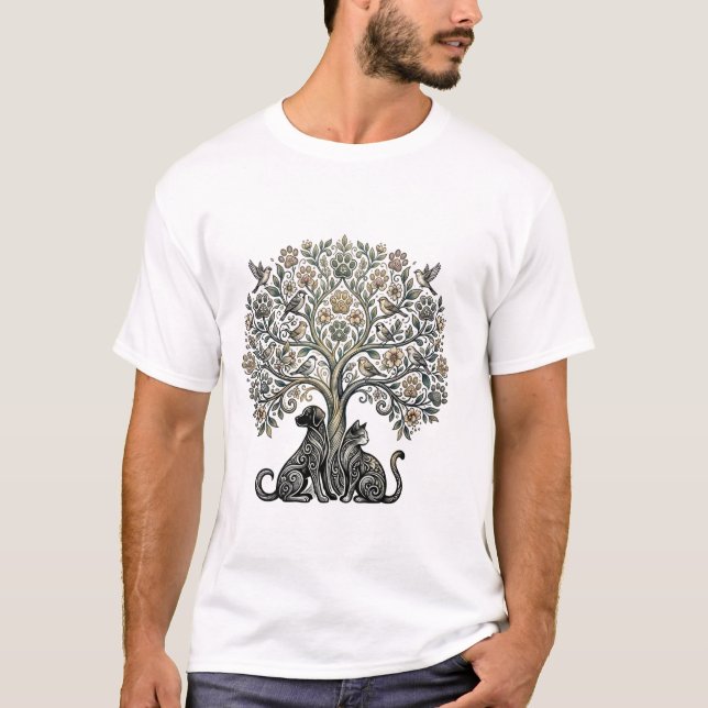 Hund Katze Baum des Lebens  T-Shirt (Vorderseite)