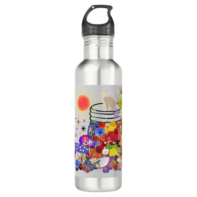 Hund, Katze, Obst und Blume Edelstahlflasche (Vorderseite)