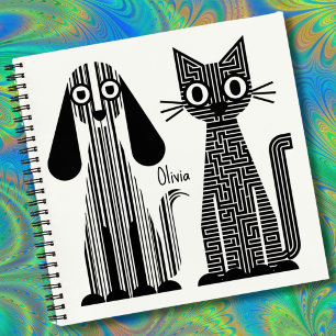 Hund & Katze, Streifen & Labyrinth Muster, Lustig, Notizbuch