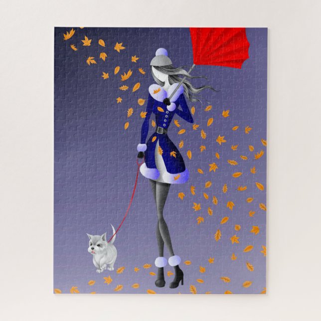 Hund & Lady Herbst Blätter Blue Jigsaw Puzzle (Vertikal)