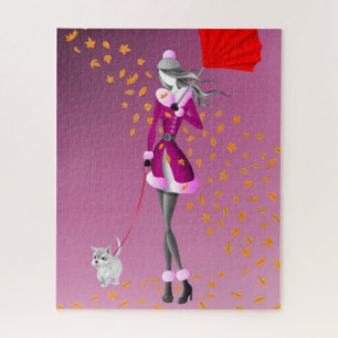 Hund & Lady Herbst Blätter Pink Jigsaw Puzzle