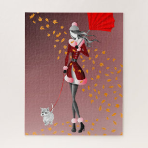 Hund & Lady Herbstleaves Red Jigsaw Puzzle