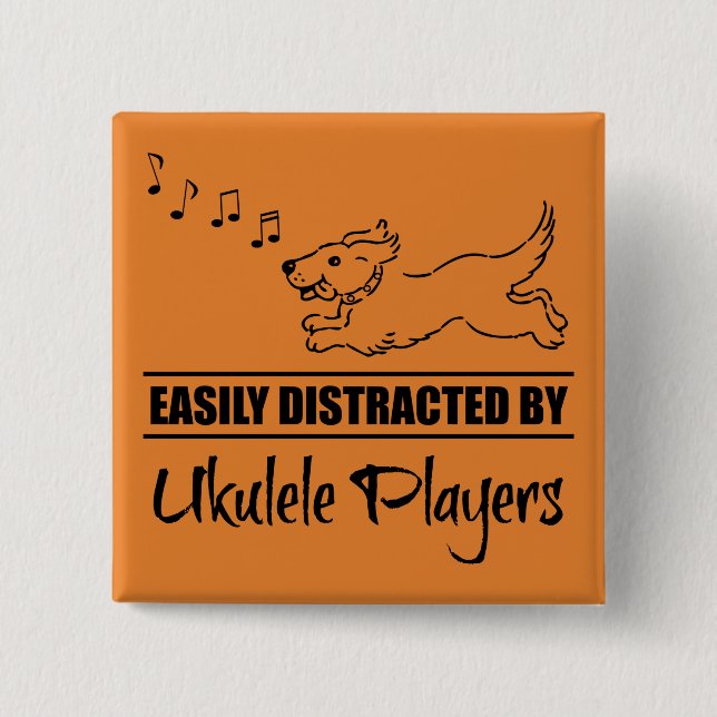 Hund läuft leicht abgelenkt von Ukulele Spielern Button (Vorderseite)