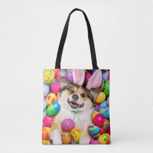 Hund liegt auf Ostereiern Tasche