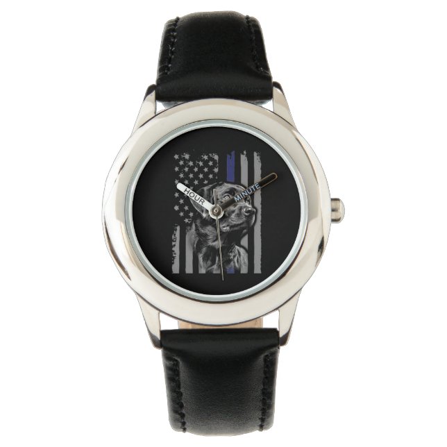 Hund Lover | Black Labrador American Flag Thin Lin Armbanduhr (Vorderseite)