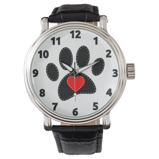 Hund Lover Black Paw Red Heart Armbanduhr (Vorderseite)