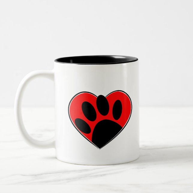 Hund Lover Paw Print und rotes Herz Zweifarbige Tasse (Links)