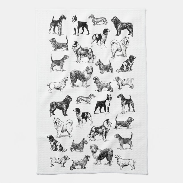Hund Lover's Vintage Schwarz-Weiß-Rassen Geschirrtuch (Vertikal)