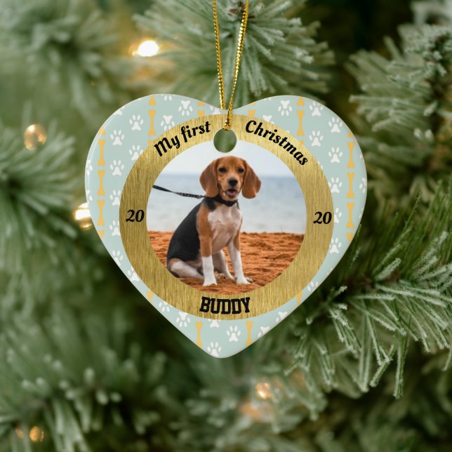 Hund mein erster Weihnachtsjunge Welpen Foto Name  Keramik Ornament (Baum)